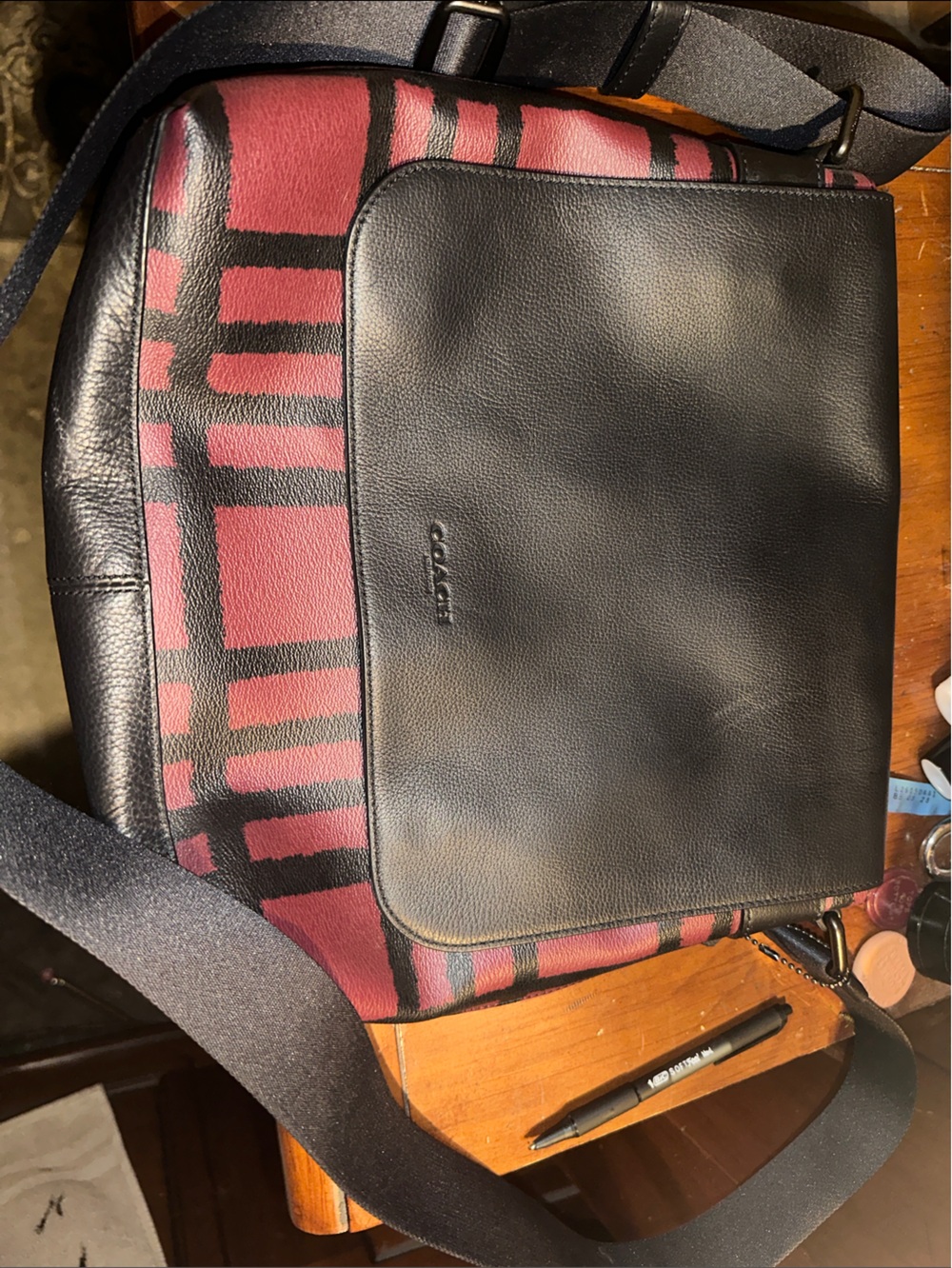 Coach Black Leather Messenger Bag with Wine Red Plaid Body